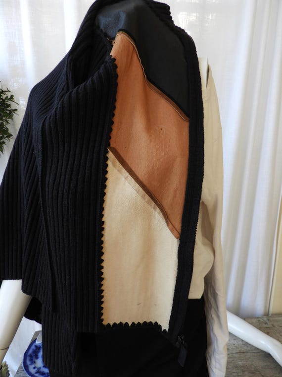 Vtg BOHO Suede Patchwork Knit Jacket Black Browns… - image 10