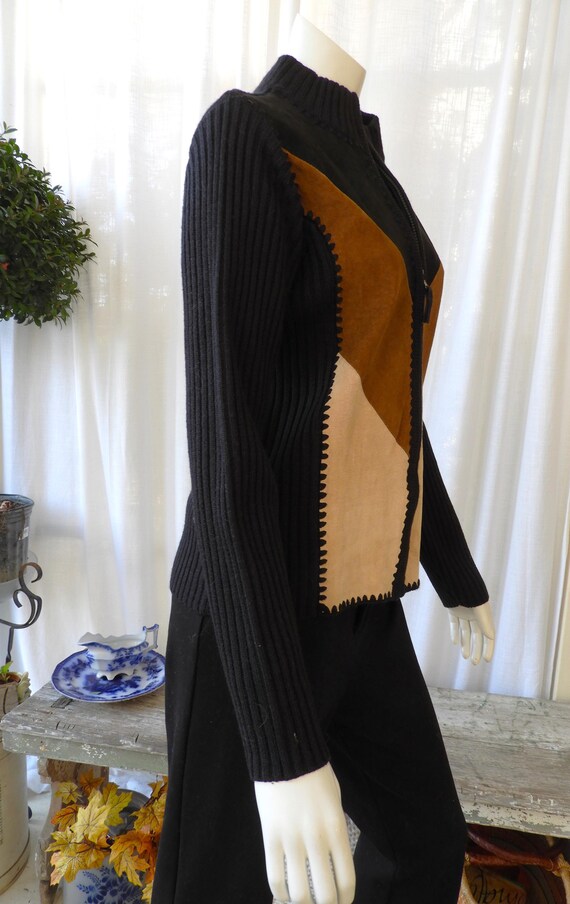 Vtg BOHO Suede Patchwork Knit Jacket Black Browns… - image 5