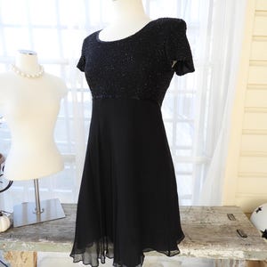Vtg 1980&#39;s Little Black Silk Dress, Little Black Beaded Shoulder Pad Dress, Empire Waist Papell Boutique Evening Black Dress sz 8P