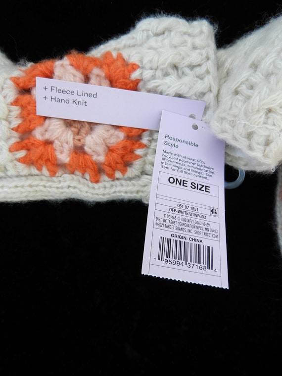 Hand Knit White Orange Mittens|Hand Crocheted Gra… - image 5