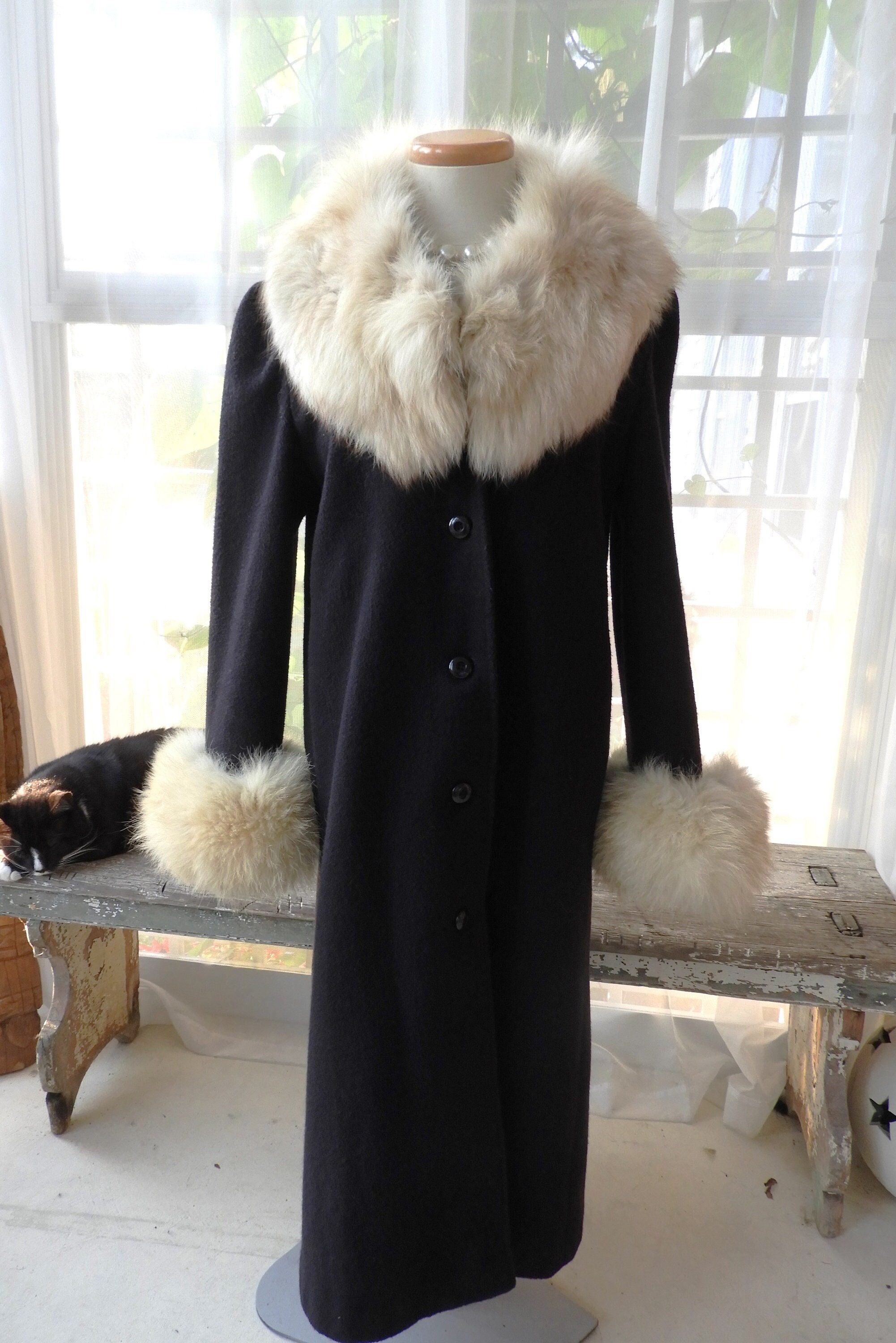 1970s Black Wool Dress Coat | Vintage Silver Fox Fur Collar Cuffs