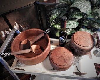 Set di ciotole per insalata in teak vintage, ciotole in noce, utensili in legno di zebrano