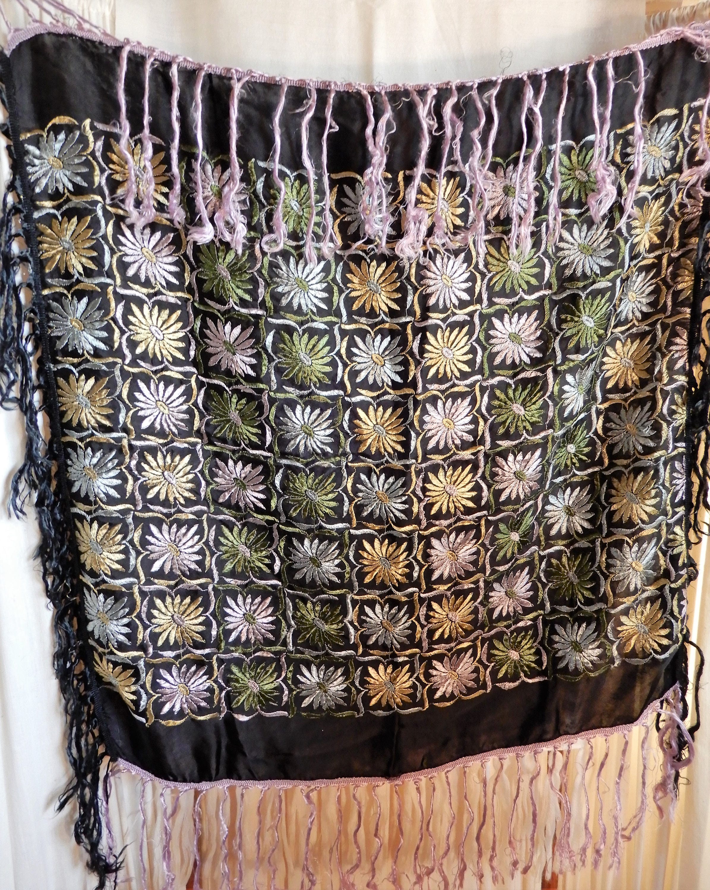 Victorian Black Silk Shawl, Hand Embroidered Antique Shawl