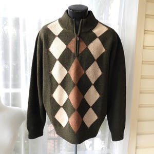 Vtg Dad Sweater 1990&#39;s Army Green Argyle Sweater|Men&#39;s Preppy Jos A Banks Henley Lambswool Green Sweater|OLD NEW STOCK Green Sweater sz L