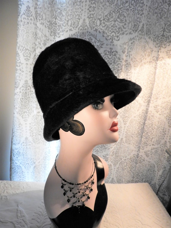 Vtg Art Nouveau Black Fur Cloche Ladies Hat, Vtg … - image 4