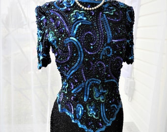 1980's Aqua Blue & Black Beaded Full Length Dress, Vtg Laurence Kozar Purple Sequin Formal Mother of the Bride Dress, Mother of the Groom S