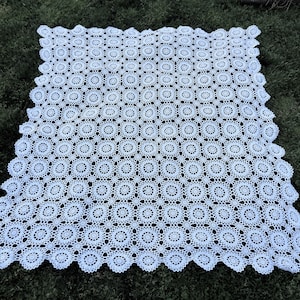 Vtg Hand Crocheted Grandma&#39;s Tablecloth, Vtg White Cotton 1940&#39;s Tablecloth, Hand Crocheted White Table Cover 64&quot; x 69&quot;