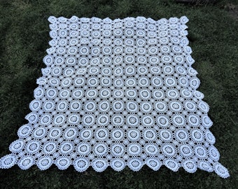 Vtg Hand Crocheted Grandma's Tablecloth, Vtg White Cotton 1940's Tablecloth, Hand Crocheted White Table Cover 64" x 69"