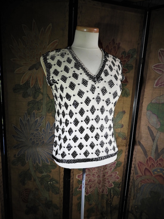 Vtg 1950's White Black Sequin Knit Top, Vtg Harleq