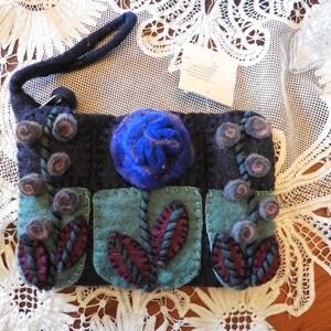 Bag RISING TIDE Handmade Shoulder Purse Wool Colorful Floral Black Blue Tan Zip Rising Tide Wool Shoulder Bag Flowers Artisan Boho Blue  main image 3