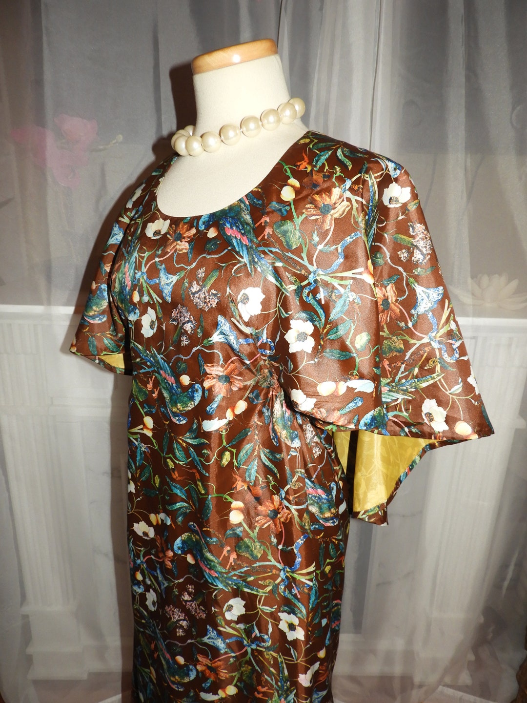 VTG 60S 70S BROWN BEIGE BLAC RETRO FLORAL PATTERN HALTERNECK MAXI DRESS 4 6 main image 1