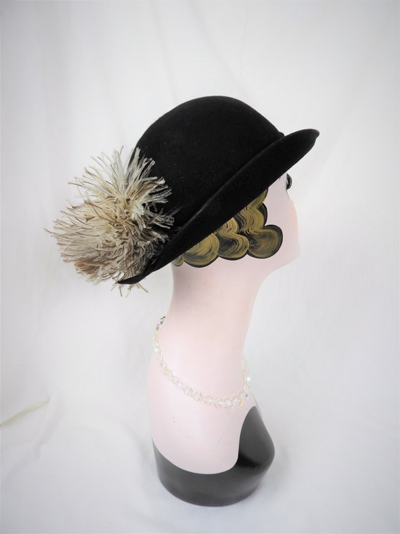 Vtg 1940's Black Felted Ladies Feather Hat, Vtg Ge