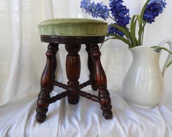 Antique Edwardian Wooden Stool Shortened Green Velvet Seat H 13.5"