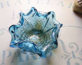 Vtg MCM Murano Glass Blue Fleck Bowl|Vtg Barovier Toso Hand Blown Italian Retro Glass Dish|Retro Collectible Blue Art Glass Candy Dish 5.5x2