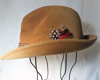Vintage Austrian Felt Fedora Hat, Tan Wool, Feather Accent (21 1/4")