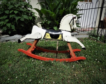 Vtg Retro Toy Rocking Horse USA, 1950's Hopalong Cassidy Rocking Horse, MCM Rich Toys White Rocking Horse with Bell H 36"