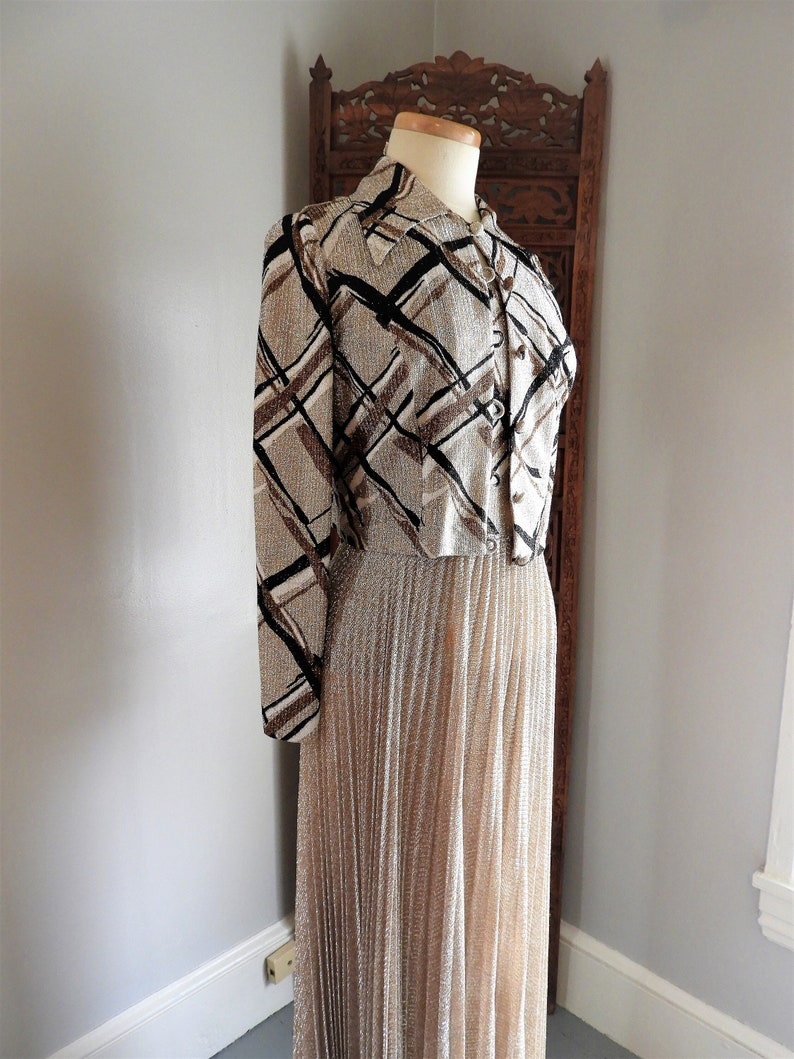 Vtg 1970's Bronze Metallic Gown, Vtg Retro Formal Dress & Jacket, Vtg Leslie Fay Geometric Pleated Gown sz M/L image 1