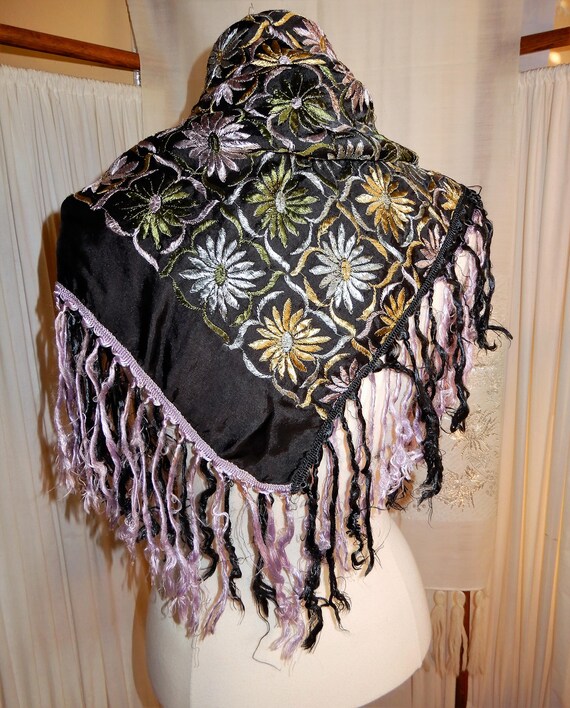 Victorian Black Silk Shawl, Hand Embroidered Anti… - image 9