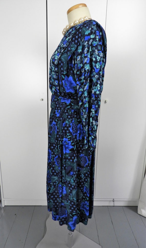 Vtg 1980's Floral Print Blue Rayon Dress, 1980's … - image 4