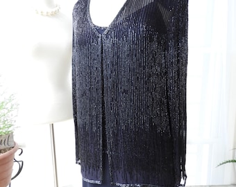 Vtg Formal Silk Navy Blue Beaded Dress Adrianna Papell Full Length sz 8/10
