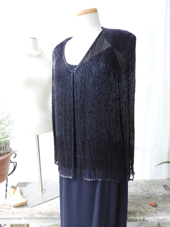 Vtg Formal Silk Navy Blue Beaded Dress Adrianna Papell Full Length Sz 8/10  - Etsy