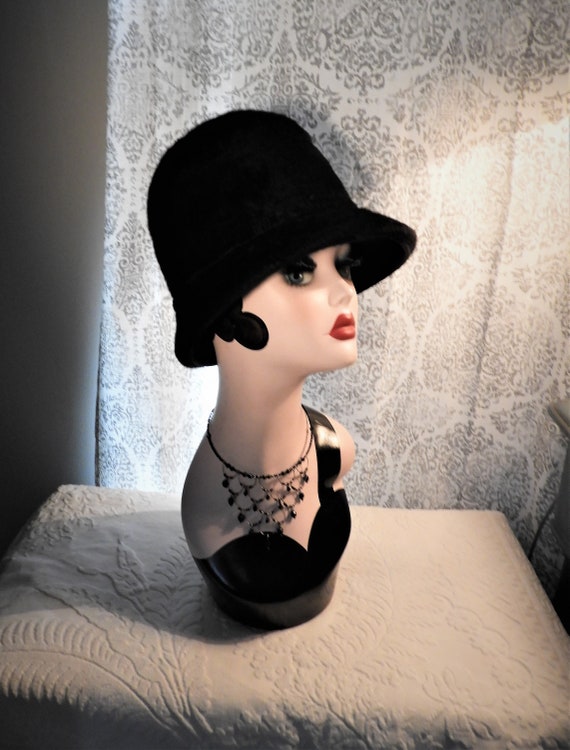 Vtg Art Nouveau Black Fur Cloche Ladies Hat, Vtg … - image 2