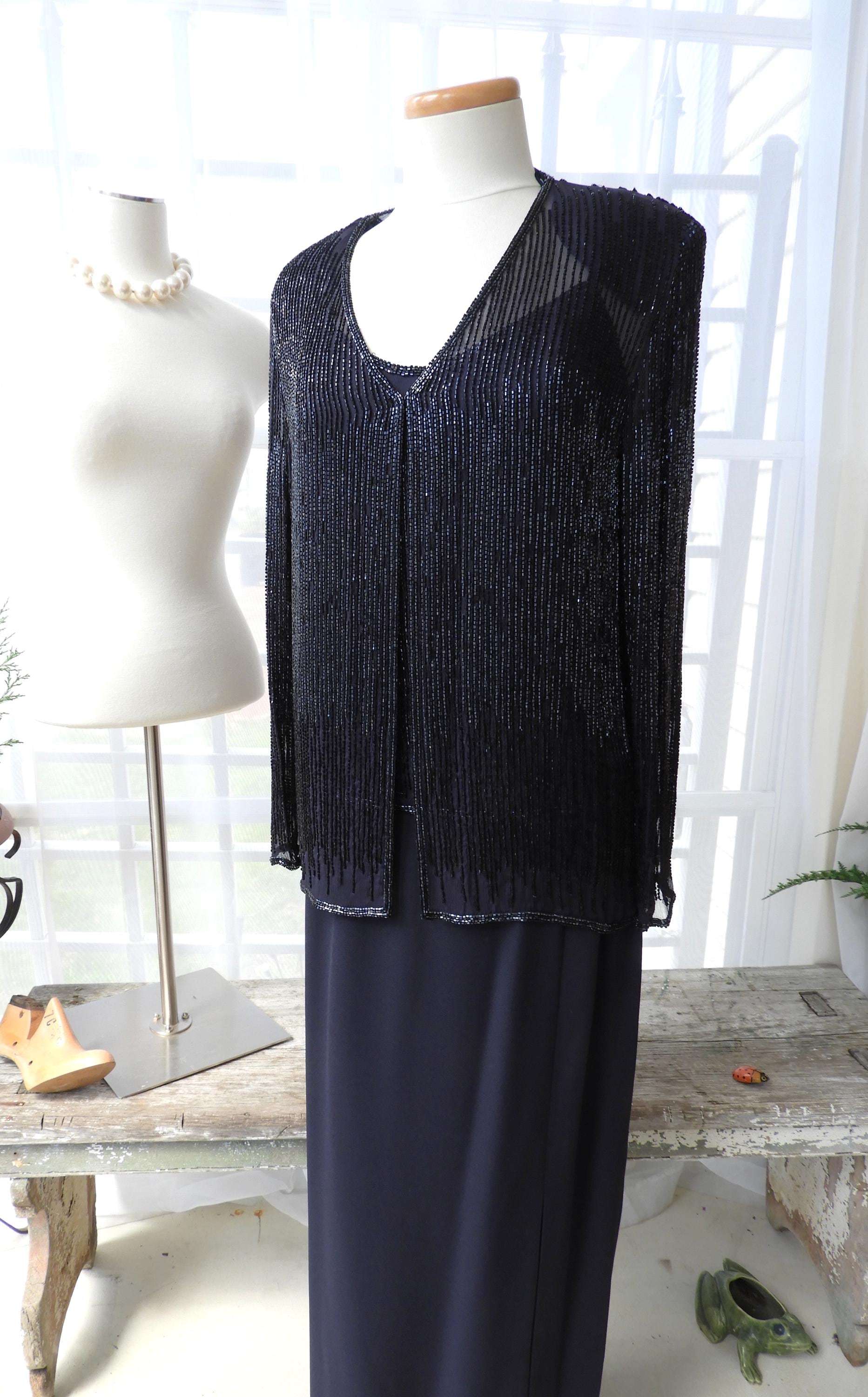 Vtg Formal Silk Navy Blue Beaded Dress Adrianna Papell Full Length Sz 8/10  - Etsy