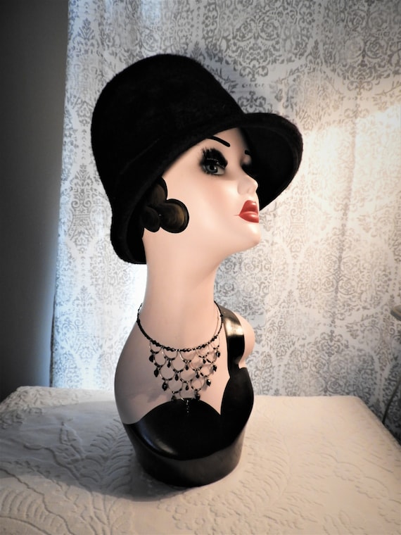 Vtg Art Nouveau Black Fur Cloche Ladies Hat, Vtg … - image 1