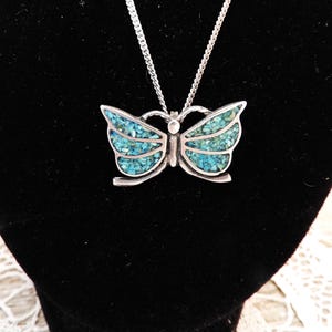 Vtg Silver Turquoise Butterfly Necklace|Vtg Navajo Style Turquoise Necklace|Sterling Butterfly Necklace 18&quot; Chain