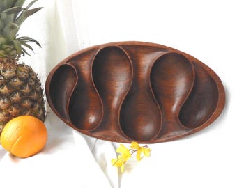 Vassoio da portata diviso in teak, stile moderno danese, Laur Jensen, Danimarca, L35,5 cm x P20,3 cm