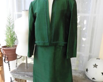 Traje de falda de seda verde esmeralda vintage / Seda cruda de los años 80, talla M/L