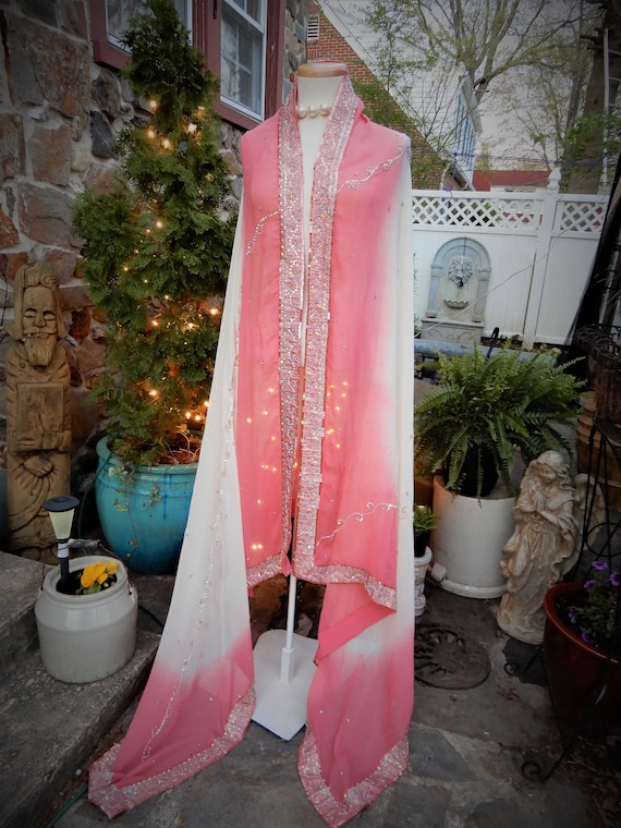Vtg Indian Pink Sari Silk Wrap Hand Dyed,Heavily Beaded Pink Scarf 44 x 100