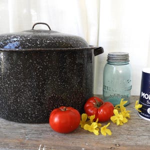May include: A large black speckled enamel stockpot with a lid, a light blue glass mason jar, two red tomatoes, yellow flowers, and a cylindrical container of Morton Salt with the text Morton Salt 26 oz 1 lb 10 oz 737 g printed on the label.