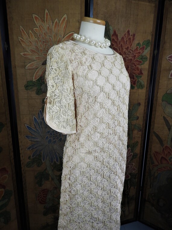 Vtg 1950's Beige Lace Embroidered Dress, Vtg Nude… - image 3