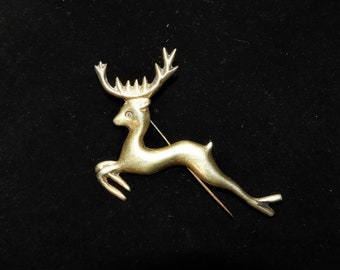 Antique Reindeer Pin, Gold Metal Reindeer, Modern Design Reindeer Pin Brooch W 3" H 2.5"