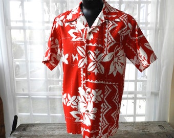 Vintage 1960s Floral Hawaiian Shirt | Red & White Floral Holiday Sportswear Cotton, Men's Size M