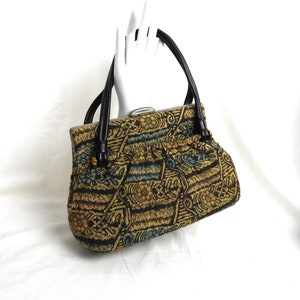 Vtg 1960&#39;s Blue Brown Top Handled Purse|Vtg Retro Tapestry Purse|Vtg MCM Era Bag W 12&quot; x H 8.5&quot; x D 4&quot;