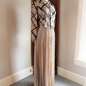 Vtg 1970's Bronze Metallic Gown, Vtg Retro Formal Dress & Jacket, Vtg Leslie Fay Geometric Pleated Gown sz M/L image 2