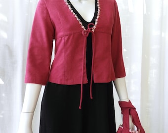 Vintage 60's Pink Wool Cropped Blazer & Purse Set | Empire Waist, Rose Trim (XS)