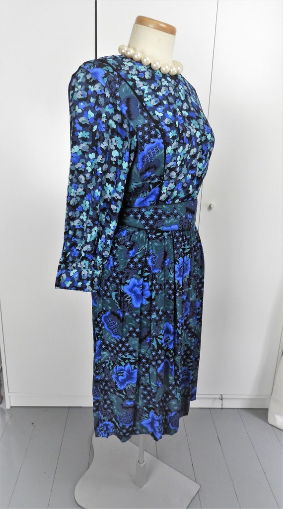 Vtg 1980's Floral Print Blue Rayon Dress, 1980's … - image 2