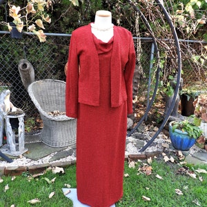 Vtg 1980&#39;s Red Full Length Dress & Jacket Set|Vtg Ronni Nicole Red Formal Sleeveless Sparkle Dress|Retro Empire Waist Party Dress  Petite M