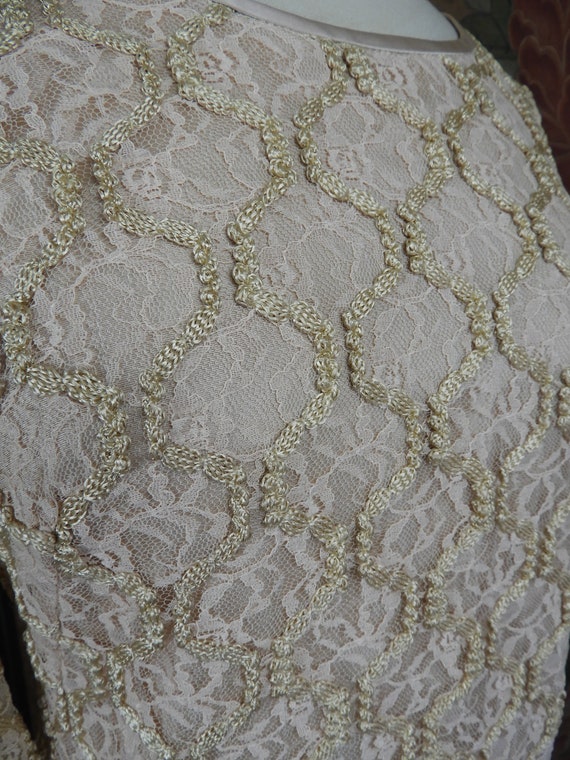 Vtg 1950's Beige Lace Embroidered Dress, Vtg Nude… - image 4