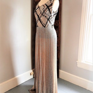 Vtg 1970's Bronze Metallic Gown, Vtg Retro Formal Dress & Jacket, Vtg Leslie Fay Geometric Pleated Gown sz M/L image 6