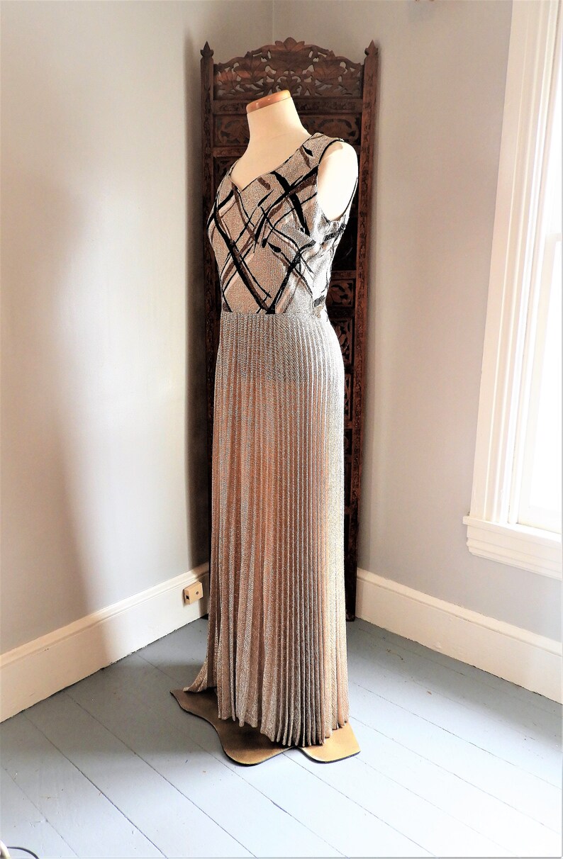 Vtg 1970's Bronze Metallic Gown, Vtg Retro Formal Dress & Jacket, Vtg Leslie Fay Geometric Pleated Gown sz M/L image 6