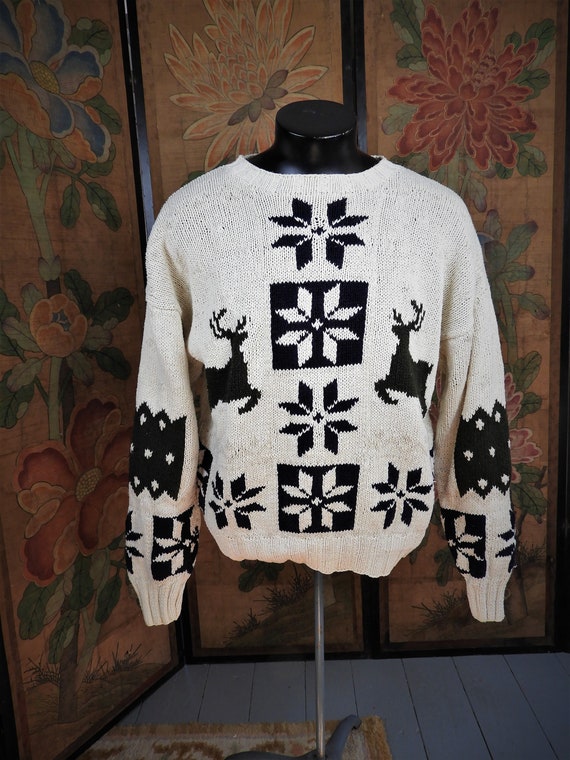 Vtg White, Black & Green Fair Isle Cotton Sweater,