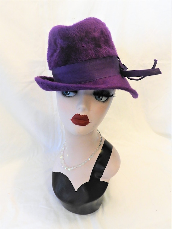 Vtg 1950's Purple Fedora Style Hat, Vtg Purple Fa… - image 2