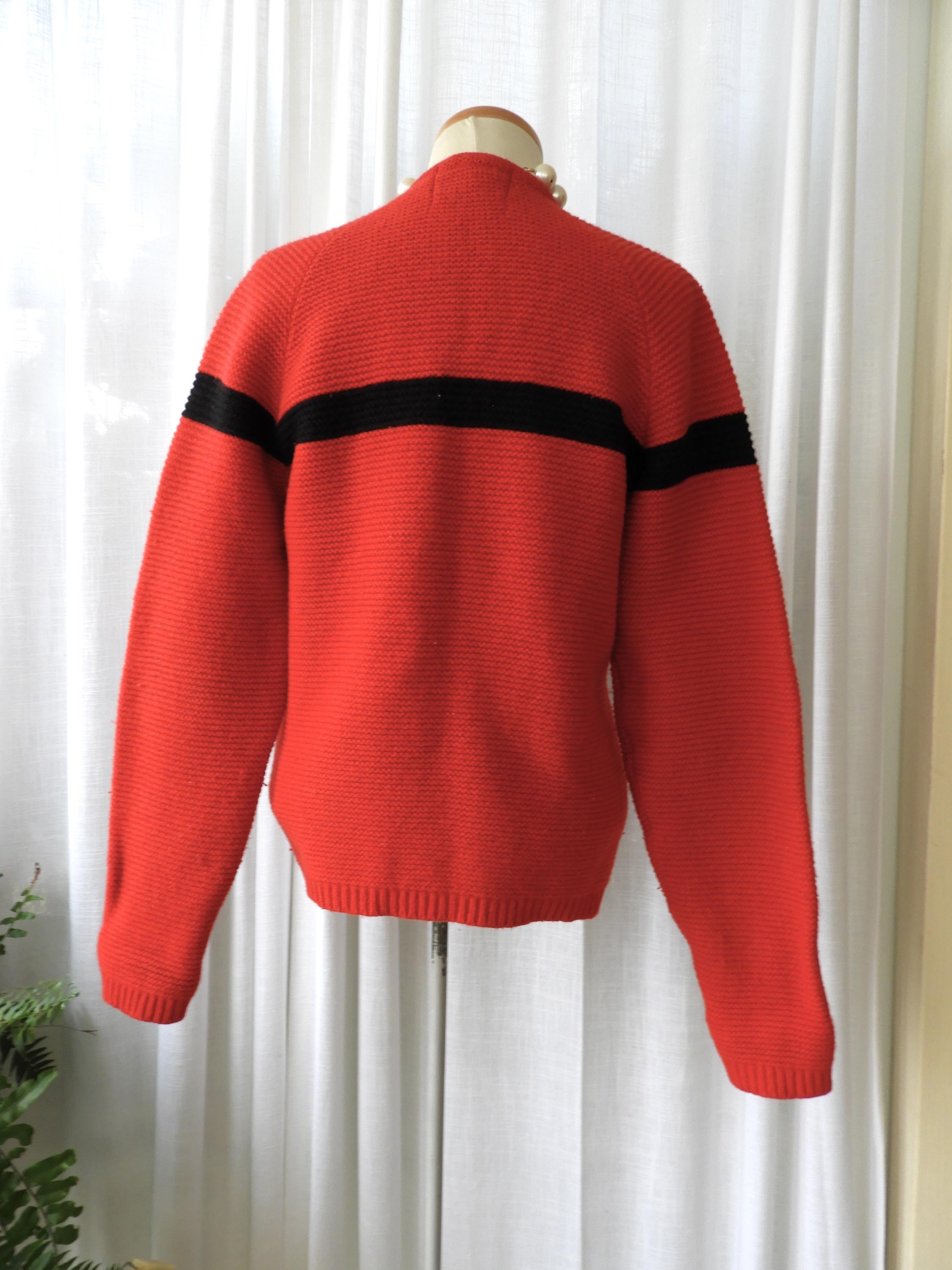 Vintage 1960s Jantzen Knit Cardigan Red Black Stripe Zip Front S/M