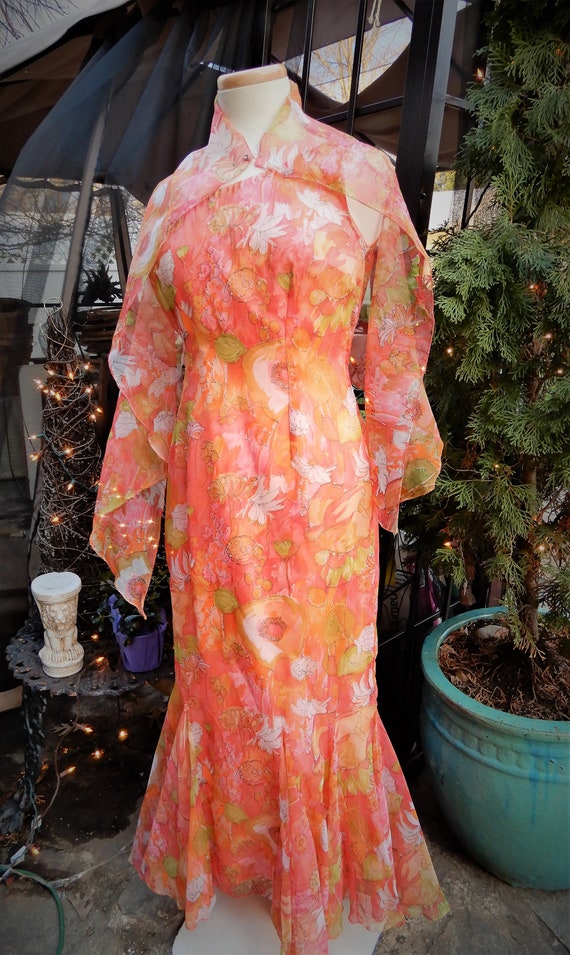 Vtg Orange Grecian Dress, Nylon Scarf Dress, Pink… - image 1