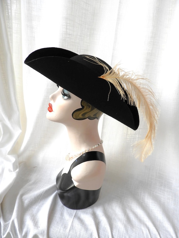 Vtg Unisex Black Felt Tricorn Hat Geo. Bollman Hat Co. Sz M  display picture 1