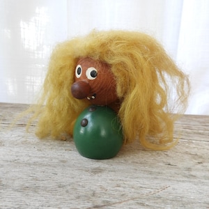 Vtg 1960&#39;s Swedish Troll Doll|MCM Wooden Troll Mohair Doll|Vtg Good Luck Troll Doll H 4&quot;